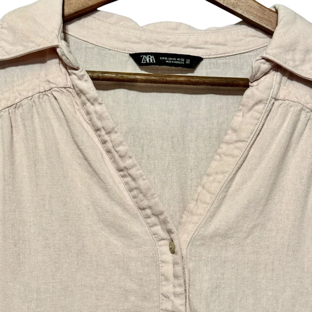 ZARA Linen Blend Pink Pastel Tiered Babydoll Button Collared Neckline Mini Dress - Picture 5 of 10